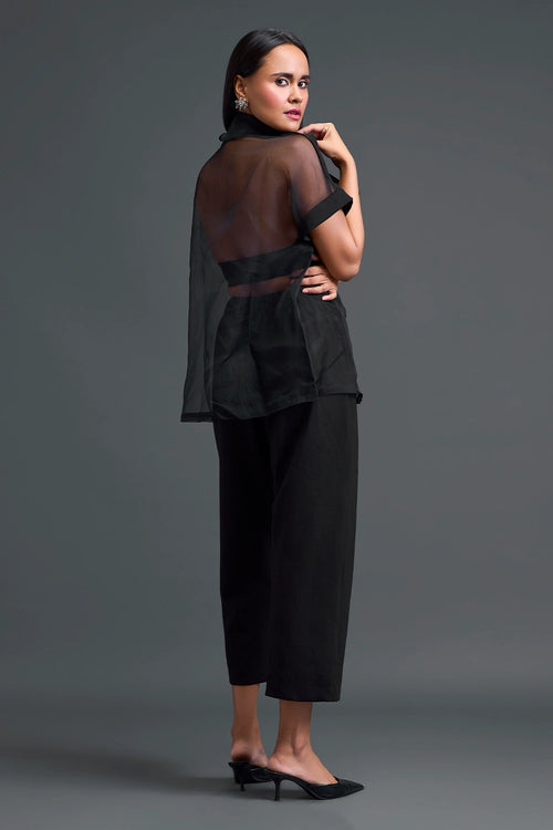 Black Halter Organza Shirt and Pants Three-Piece Set