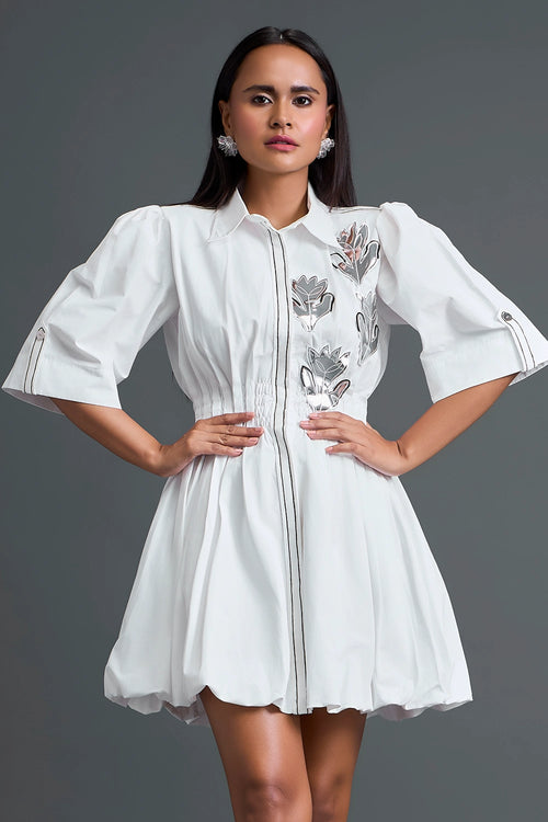 White Metallic Floral Puff Sleeve Bubble Dress