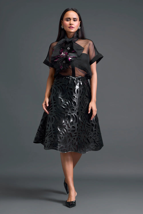 Black Twisted Bustier Organza Top And Laser-Cut Skirt Set