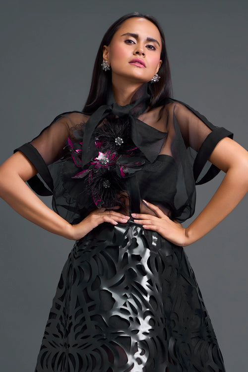 Black Twisted Bustier Organza Top And Laser-Cut Skirt Set