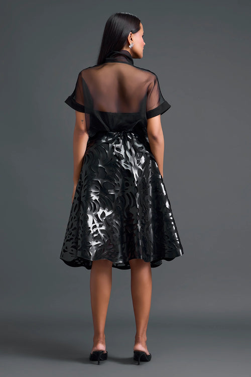 Black Twisted Bustier Organza Top And Laser-Cut Skirt Set