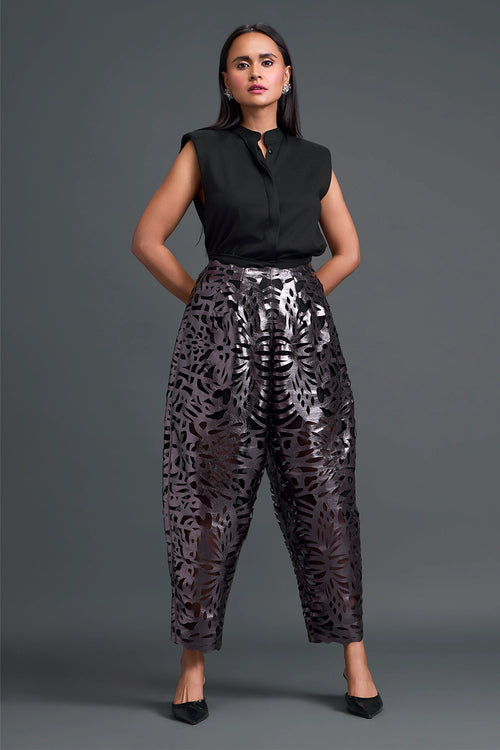 Sleeveless Mandarin Top and Gunmetal Laser-Cut Trousers Set