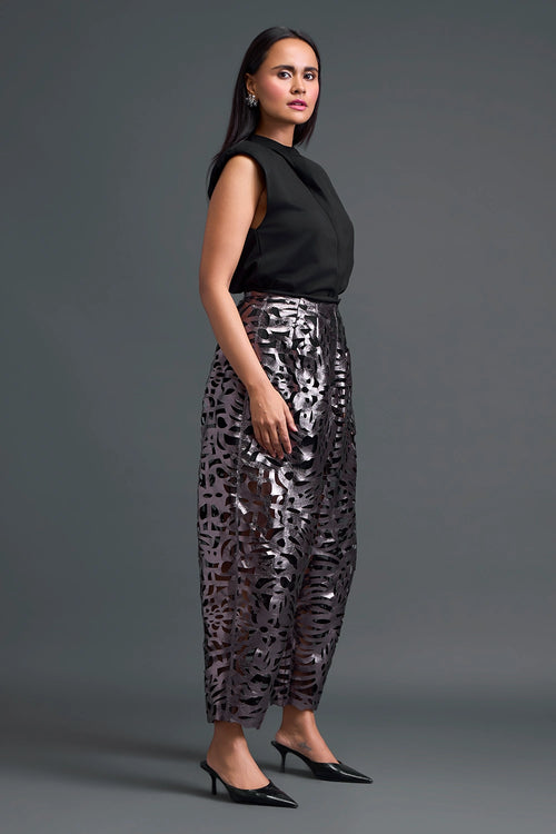 Sleeveless Mandarin Top and Gunmetal Laser-Cut Trousers Set