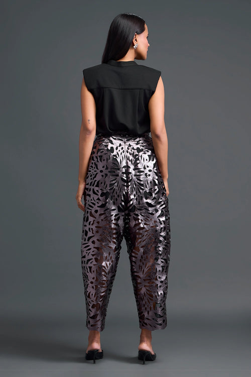 Sleeveless Mandarin Top and Gunmetal Laser-Cut Trousers Set