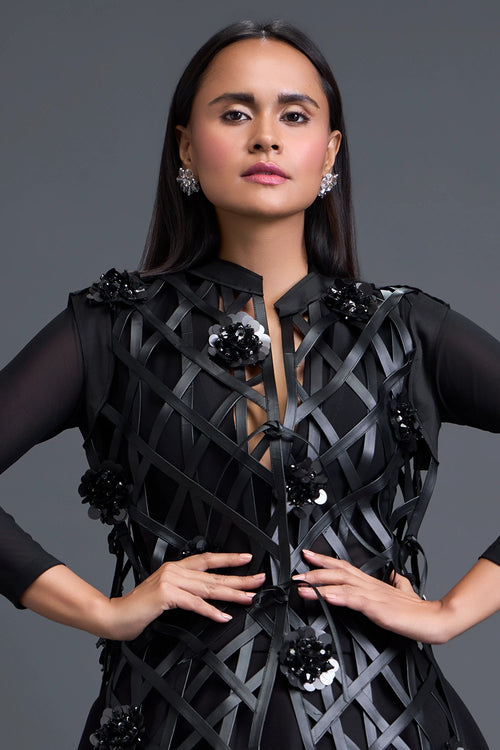 Black Leather Lattice Jacket And Floral Bubble Skirt Set