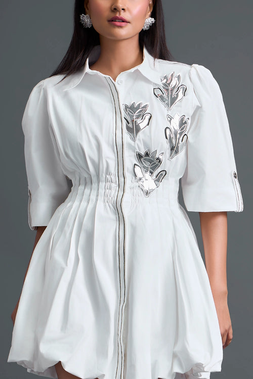 White Metallic Floral Puff Sleeve Bubble Dress