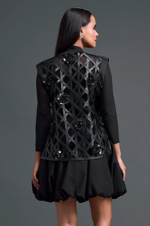 Black Leather Lattice Jacket And Floral Bubble Skirt Set