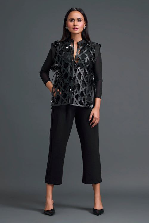 Black Leather Lattice Jacket And Tailored Pants Set