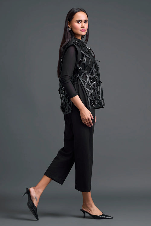 Black Leather Lattice Jacket And Tailored Pants Set