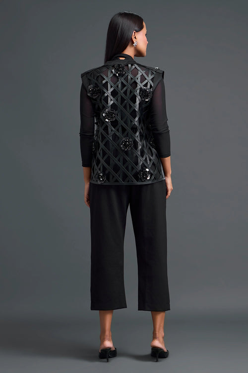 Black Leather Lattice Jacket And Tailored Pants Set