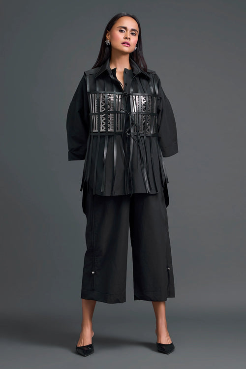 Black Structured Cage Shirt and Wide-Leg Pants Set