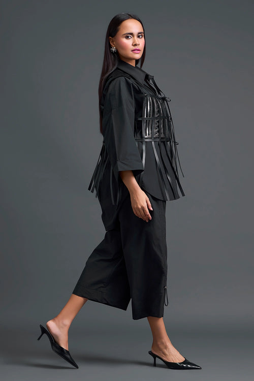 Black Structured Cage Shirt and Wide-Leg Pants Set