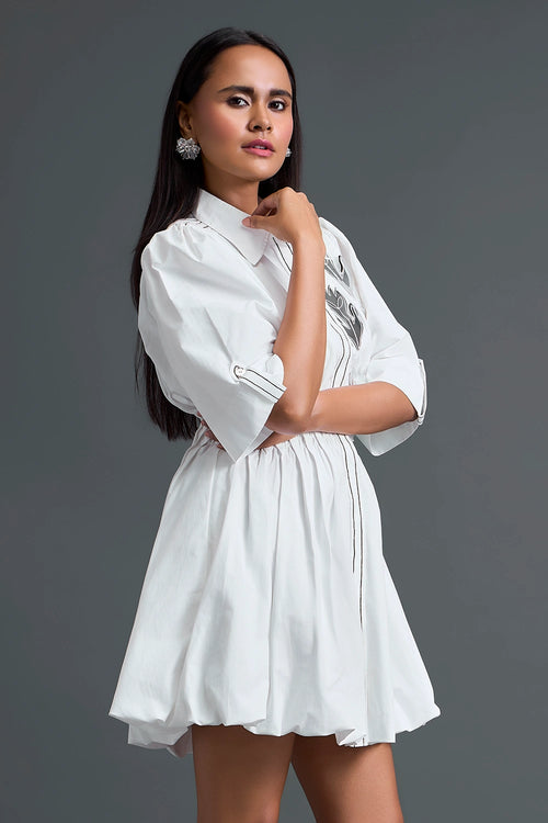 White Metallic Floral Puff Sleeve Bubble Dress