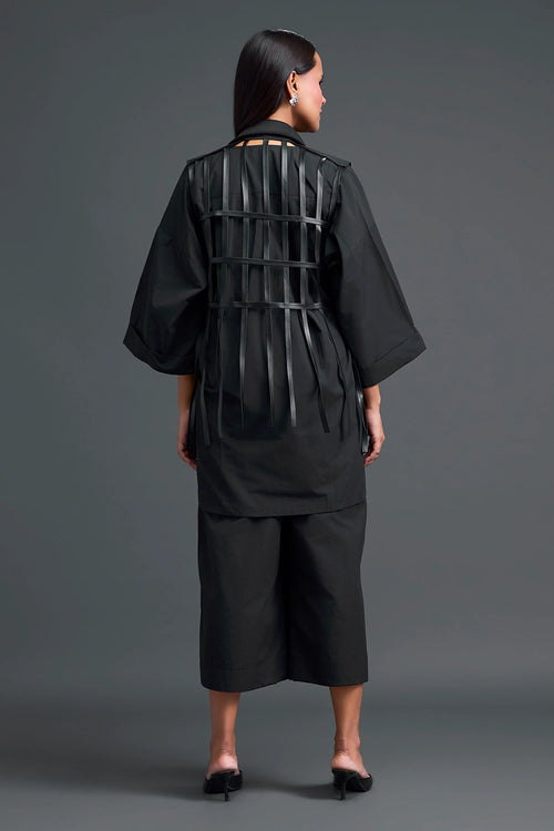 Black Structured Cage Shirt and Wide-Leg Pants Set