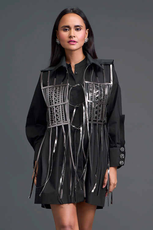 Black Shirt Dress with Silver Metallic Cage Panel