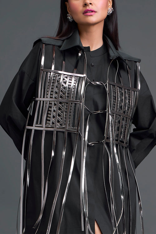 Black Shirt Dress with Silver Metallic Cage Panel
