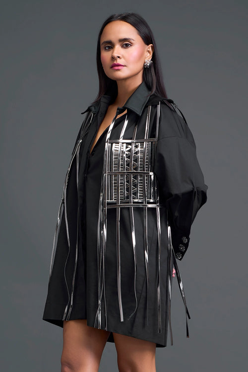 Black Shirt Dress with Silver Metallic Cage Panel