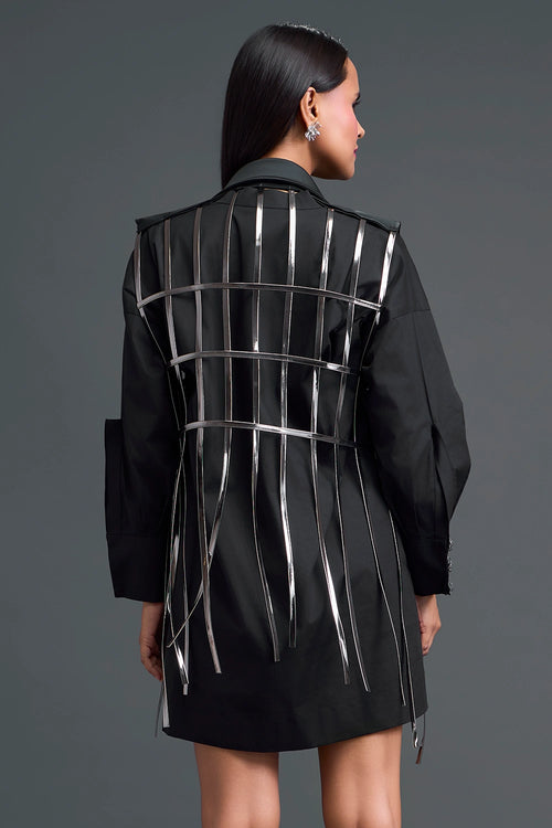 Black Shirt Dress with Silver Metallic Cage Panel