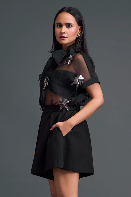Black Twisted Bustier Floral Organza Shirt and Shorts Set