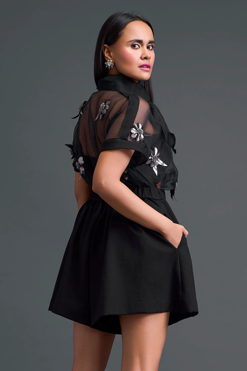 Black Twisted Bustier Floral Organza Shirt and Shorts Set