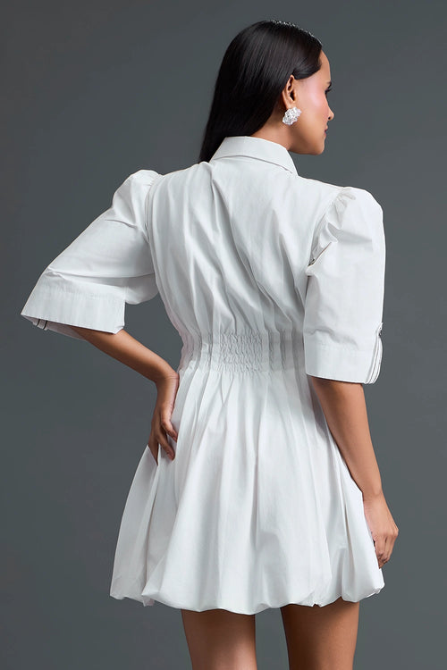 White Metallic Floral Puff Sleeve Bubble Dress