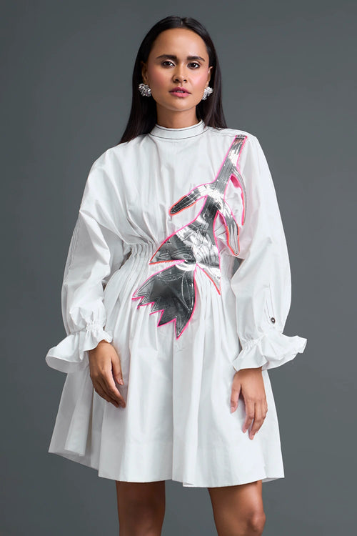White Gathered Dress with Metallic Patch