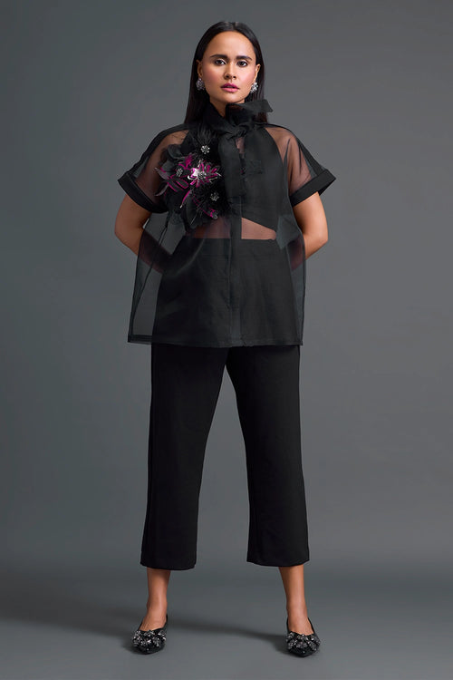 Black Halter Organza Shirt and Tailored Pants Set