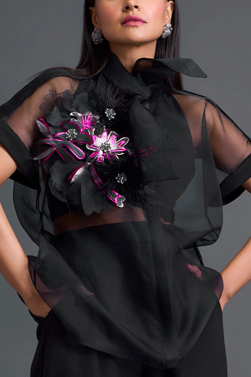Black Halter Organza Shirt and Tailored Pants Set