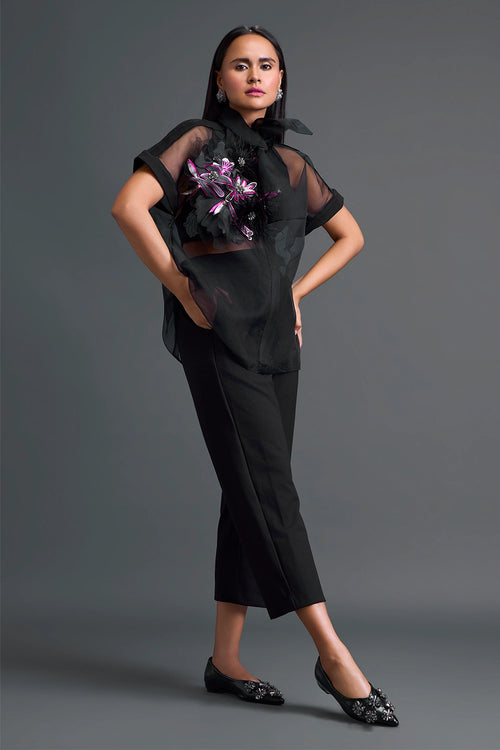 Black Halter Organza Shirt and Tailored Pants Set