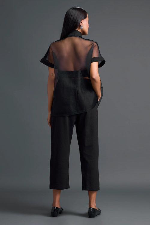 Black Halter Organza Shirt and Tailored Pants Set