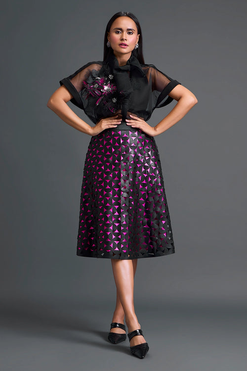 Black Halter Top and Geometric Laser-Cut Skirt Set