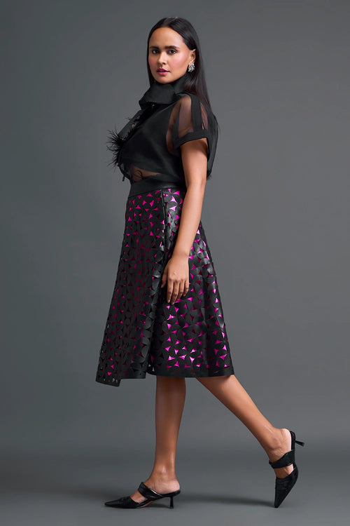 Black Halter Top and Geometric Laser-Cut Skirt Set