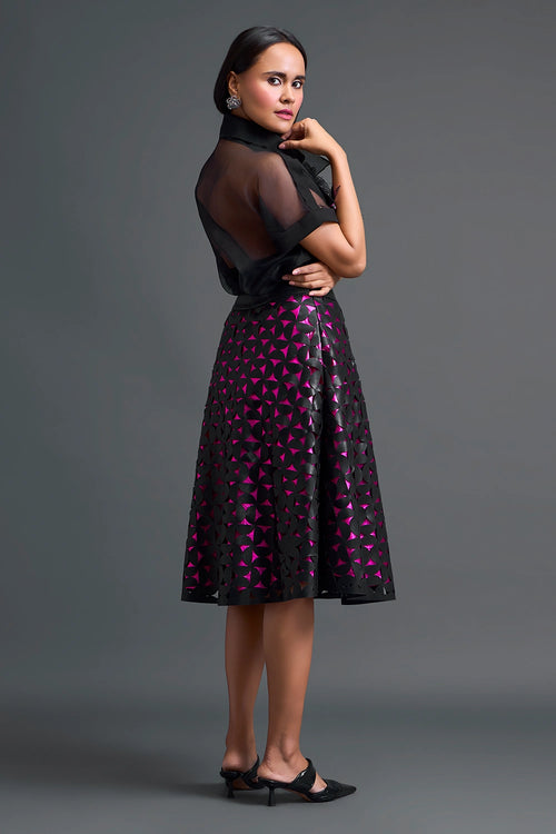 Black Halter Top and Geometric Laser-Cut Skirt Set