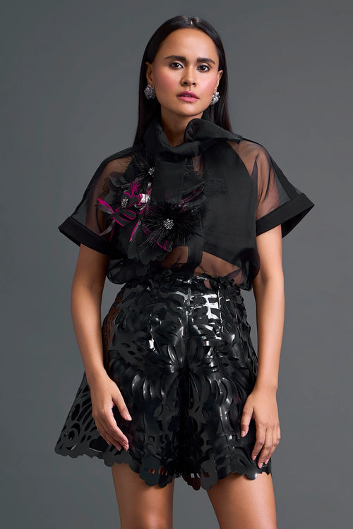 Black Glossy Laser-Cut Shorts