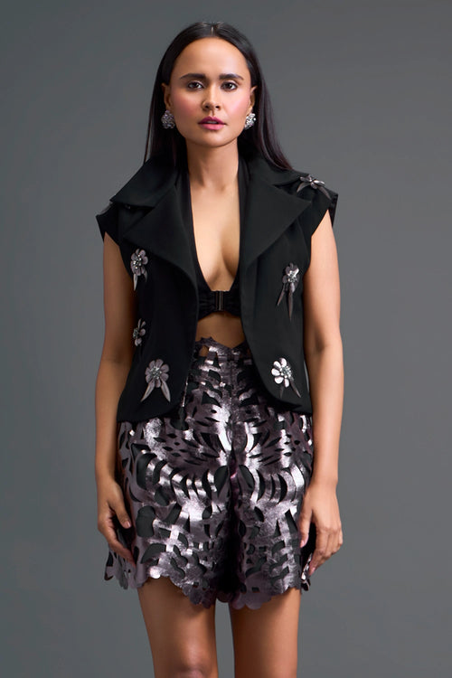 Black Floral Cropped Blazer and Laser-Cut Shorts Set