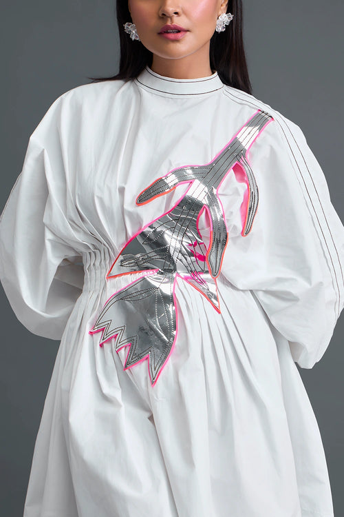 White Gathered Dress with Metallic Patch