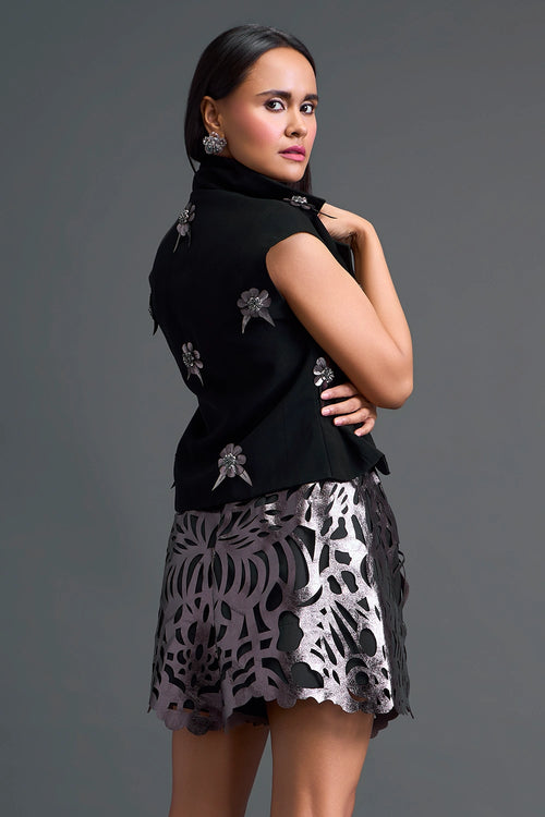 Black Floral Cropped Blazer and Laser-Cut Shorts Set