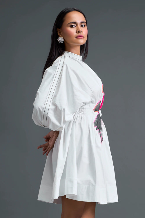 White Gathered Dress with Metallic Patch