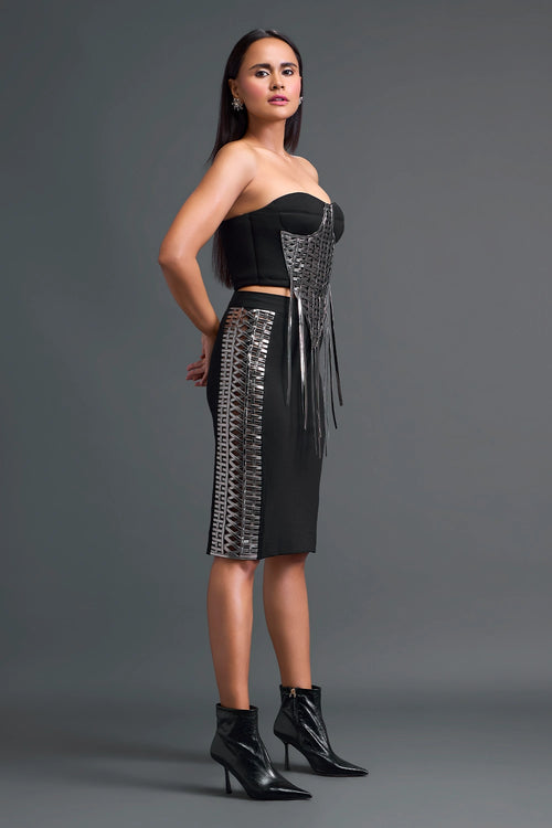 Black Strapless Gunmetal Panel Top and Pencil Skirt Set