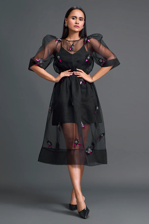 Black Layered Organza 3D Floral Dress with Pink Accents