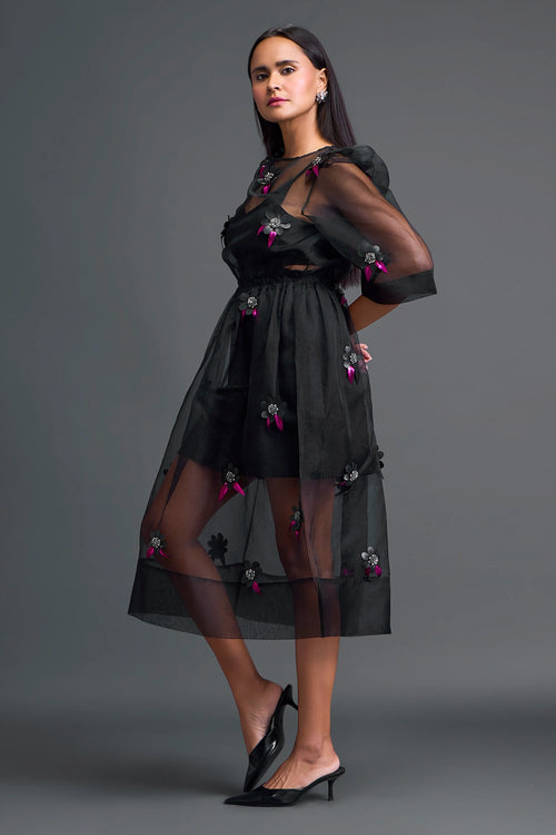 Black Layered Organza 3D Floral Dress with Pink Accents