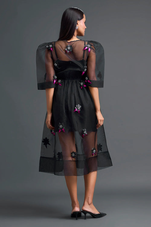 Black Layered Organza 3D Floral Dress with Pink Accents