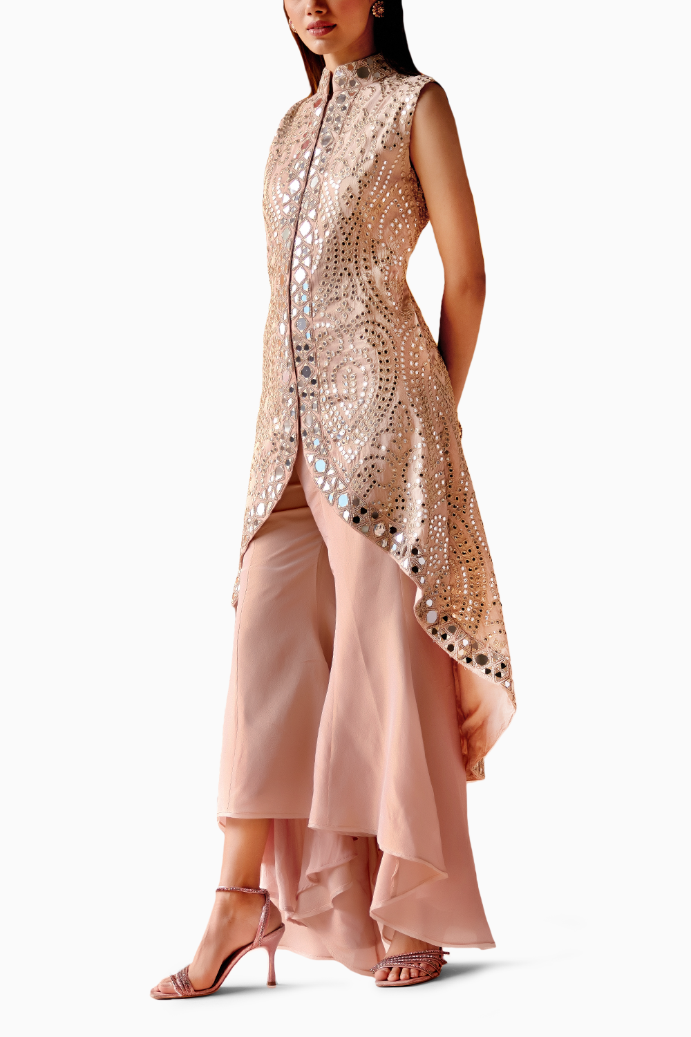 Blush Pink Long Asym Sleeveless Jacket with Tulip Pants