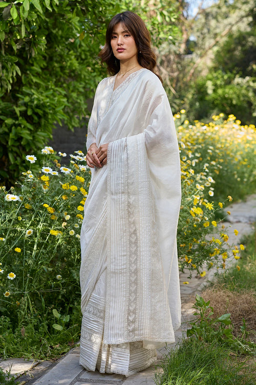 Wander Trail Ivory Embroidered Saree With Blouse