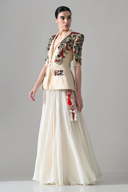Beige Embroideredtailored Jacket With Skirt