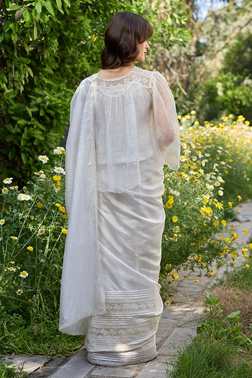 Wander Trail Ivory Embroidered Saree With Blouse