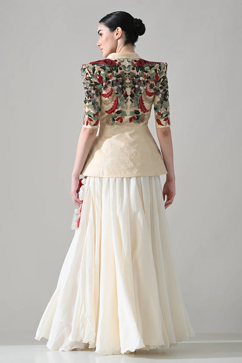 Beige Embroideredtailored Jacket With Skirt