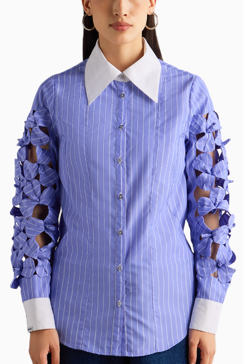 Blue Stripe 3D Flower Sleeve Shirt