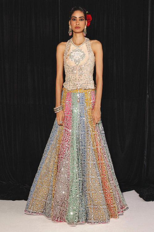 Multi Mirrorwork Color Panel Lehenga Set