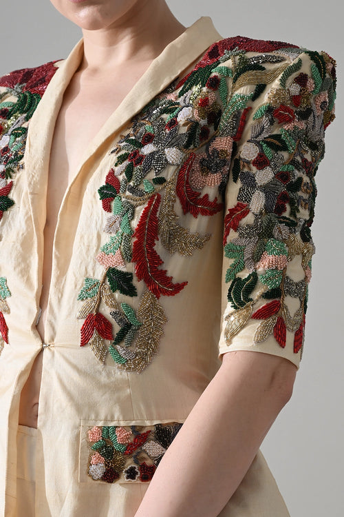 Beige Embroideredtailored Jacket With Skirt